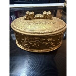 OVAL RESIN TRINKET BOX - Antiqued Gold, Ornately Carved w/Cherubs